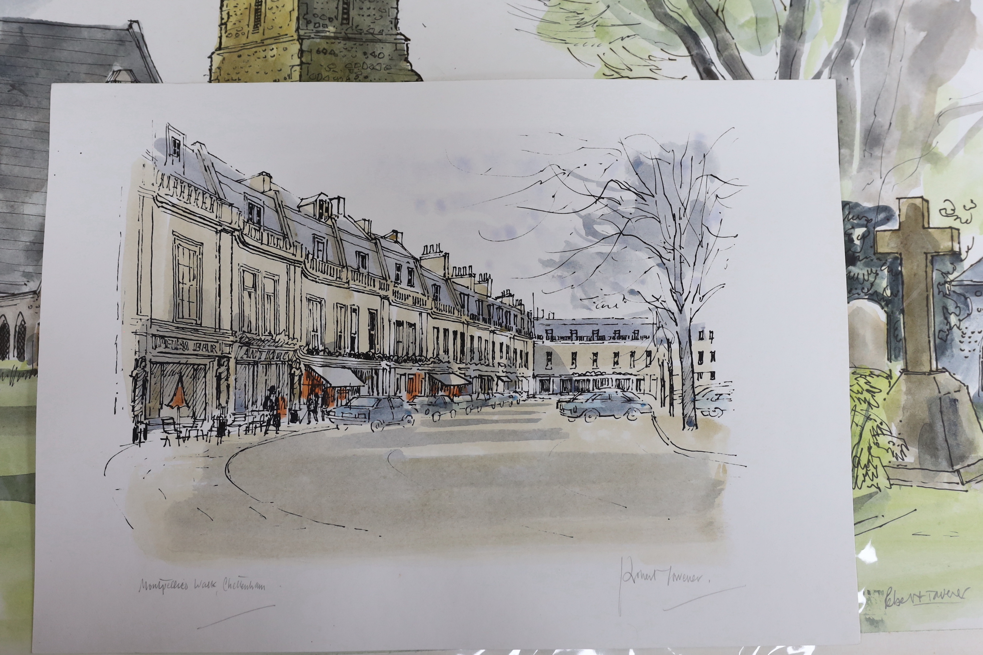 Robert Tavener (1920-2004) two ink and watercolours, each signed, together with three colour lithographs, each signed in pencil, Street scenes, unframed, largest 38 x 45cm